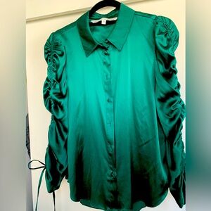 Emerald silk Veronica Beard blouse with shirred sleeves